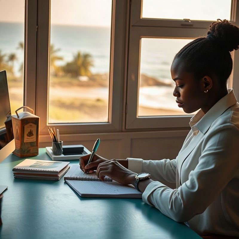 A professional writing in a scheduling notebook at a calm teal-accented desk with Mombasa daylight through the window