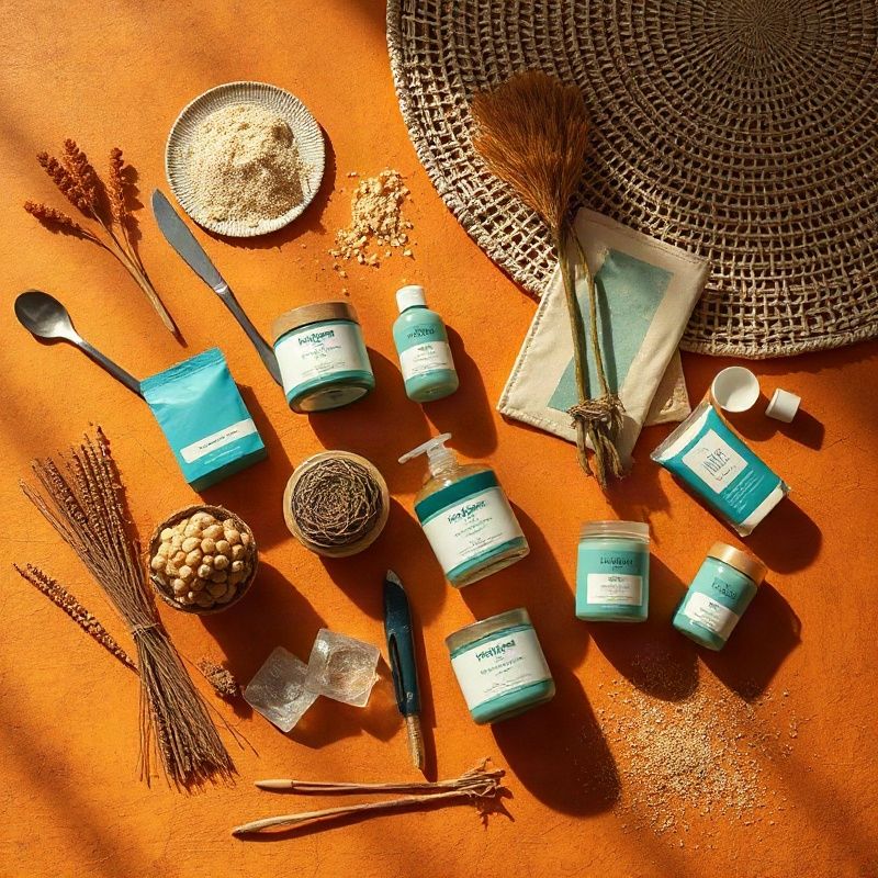 Flat-lay of locally sourced quality products arranged on an ochre surface in warm daylight