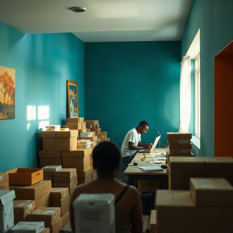 Interior of a Mombasa workspace with neatly arranged product boxes and a team member at work